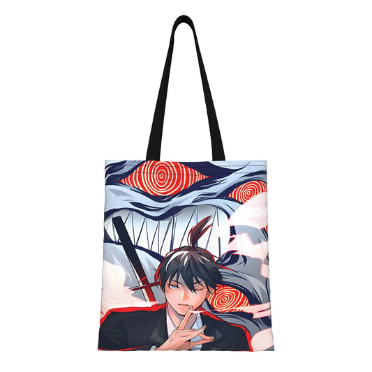 Chainsaw Man Tote Bag – Aki et Démon du Futur Duo Symboles Spirales Rouge Toile Noire