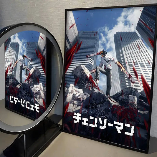 Chainsaw Man Affiche Poster – Denji Combat Gratte-Ciel Silhouette Rouge