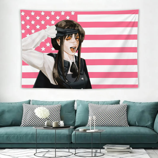Chainsaw Man Tapisserie Murale – Reze Salut Drapeau Rose