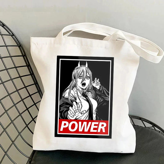 Chainsaw Man Tote Bag – Power Encadré Noir Typographie Bold Style Affiche Urbaine Toile Blanche