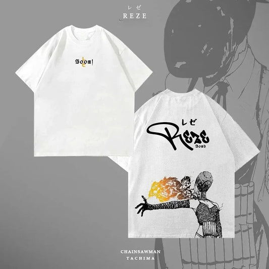 Chainsaw Man T-Shirt Graphique – Reze Flammes Édition Blanche