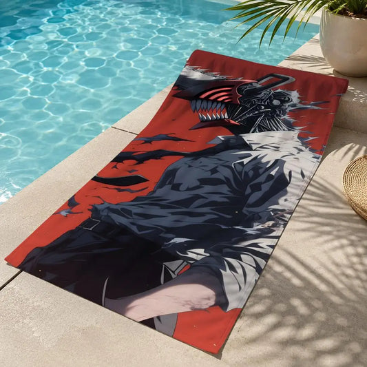 Chainsaw Man Serviette de Plage – Denji Devil Combat Noir et Rouge Style Sombre