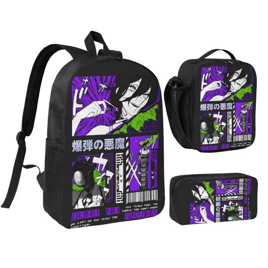 Chainsaw Man Set Sac à Dos – Reze Explosion Violet Néon Style Affiche Japonaise Set 3 Pièces